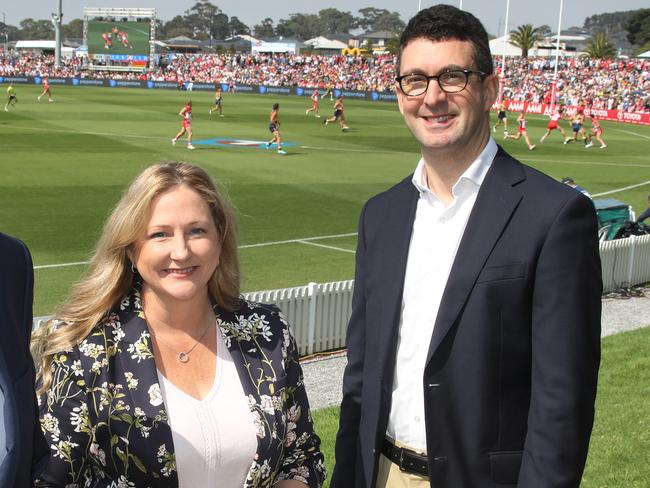 Gather Round  - West Coast V Sydney at Mt. Barker. Mayor David Leach and politicians, Rebecca Starkey and Dan Cregan. 6 April 2024. Picture Dean Martin