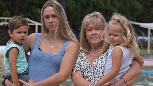 Bianca Wood and Kathryn Raper with children Noah, 2 and Nevaeh Cridland ,3, are campaigning to keep the Banora Point Oasis pool open. Picture: Liana Walker