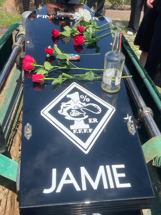 Goodworth’s coffin featured the phrases “Fink forever”, “ruthless as f--k”, his nickname “Bullet” and also the Finks 1%er logo. Photo: Facebook