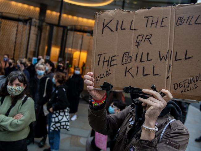 Protesters outside the Old Bailey in London as Sarah Everard’s killer faces sentencing. Picture: Getty Images