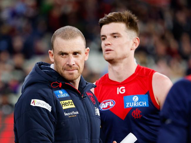 MELBOURNE, AUSTRALIA - AUGUST 23: Simon Goodwin, Senior Coach of the Demons looks on during the 2024 AFL Round 24 match between the Melbourne Demons and the Collingwood Magpies at The Melbourne Cricket Ground on August 23, 2024 in Melbourne, Australia. (Photo by Dylan Burns/AFL Photos via Getty Images)