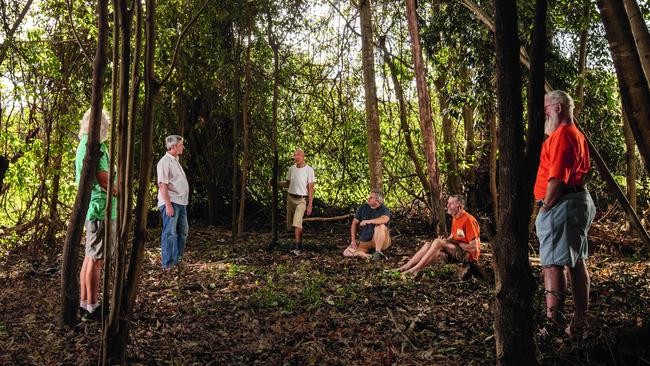 Men gather in the forest for the Bedrock event. Picture: Jeff Camden