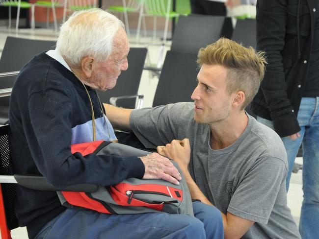 Professor David Goodall says goodbye to his grandson ahead of his assisted death in Switzerland. Picture: Sophie Moore