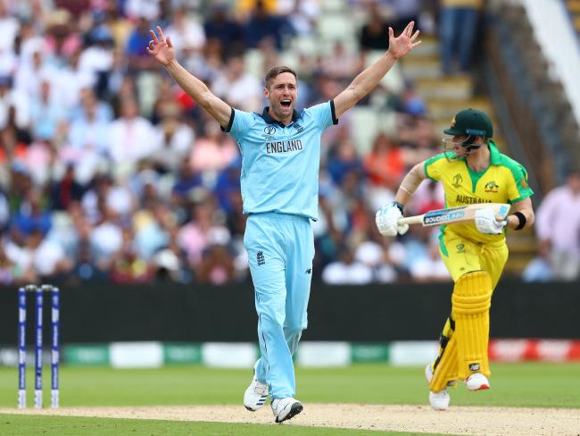 Man of the match Chris Woakes was exceptional in the early stages to shut Australia down. Picture: Getty