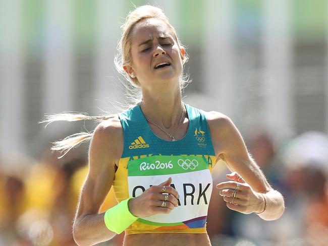 Australia's Milly Clark finishes the Women's Marathon Final at the Rio 2016 Olympic Games. Picture. Brett Costello