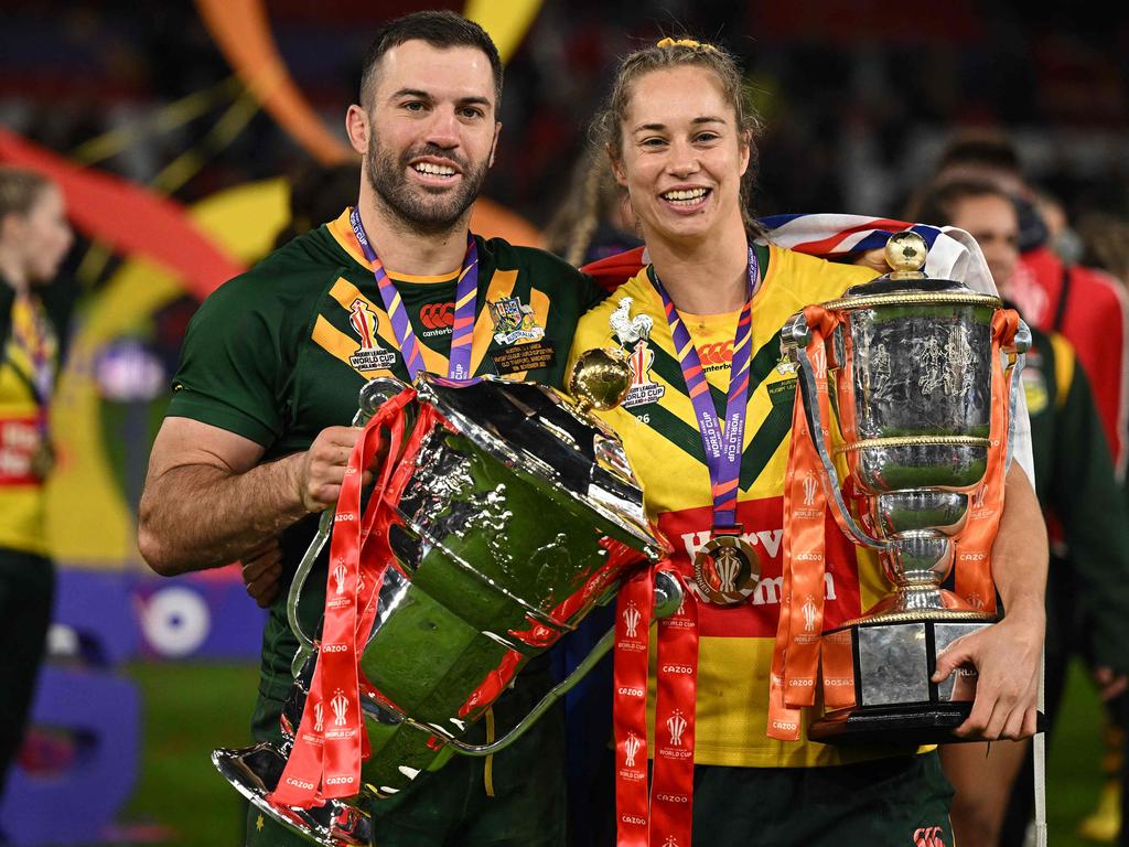 The Kangaroos and Jillaroos will attempt to defend the Rugby League World Cup on home soil in 2026. Picture: Oli SCARFF / AFP