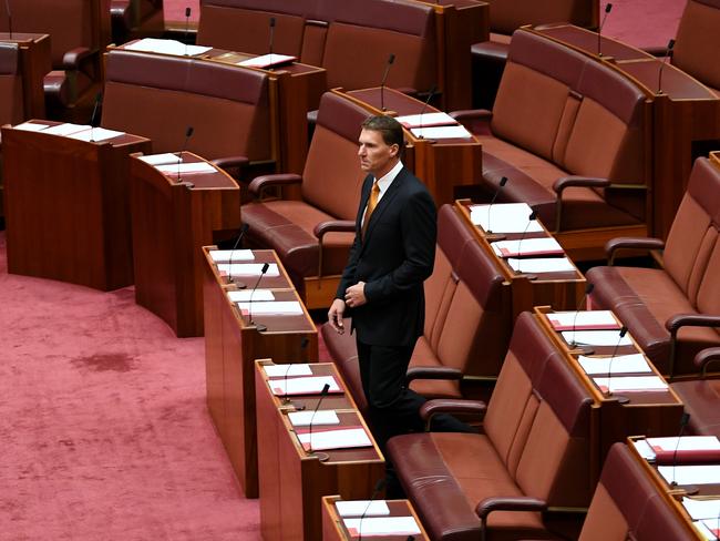 Senator Cory Bernardi in the Senate chamber, just before announcing his defection from the Liberal Party. Picture: AAP