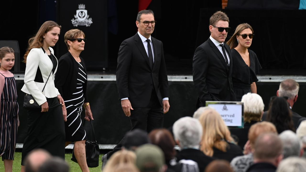 Russell Ebert’s family, along with Premier Steven Marshall, arrive at the state funeral to farewell the Port legend. Picture: Naomi Jellicoe