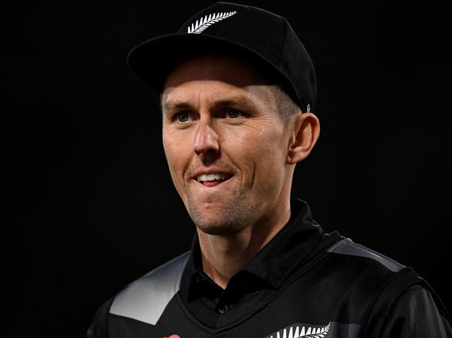 CHRISTCHURCH, NEW ZEALAND - OCTOBER 09: Trent Boult of New Zealand looks on during game three of the T20 International series between New Zealand and Bangladesh at Hagley Oval on October 09, 2022 in Christchurch, New Zealand. (Photo by Joe Allison/Getty Images)