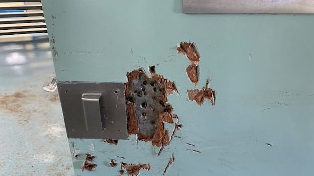 Damage to a door. The prisoners gained access to a garden shed, with this damage potentially done by tools.