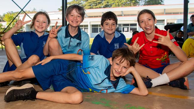 Myah Graham, Finn Dobson, Caspar Butcher and Behati Breyer-Menke and front Heath Thatcher as students from Stuart Park Primary School celebrate the last day of Term 2, 2024. Picture: Pema Tamang Pakhrin