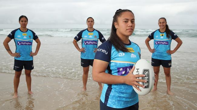 Karli Hansen, Shannon Mato, Destiny Brill and Tiana Raftstrand-Smith are part of an exciting Titans’ squad in the club's inaugural season in the NRLW. Picture: Glenn Hampson