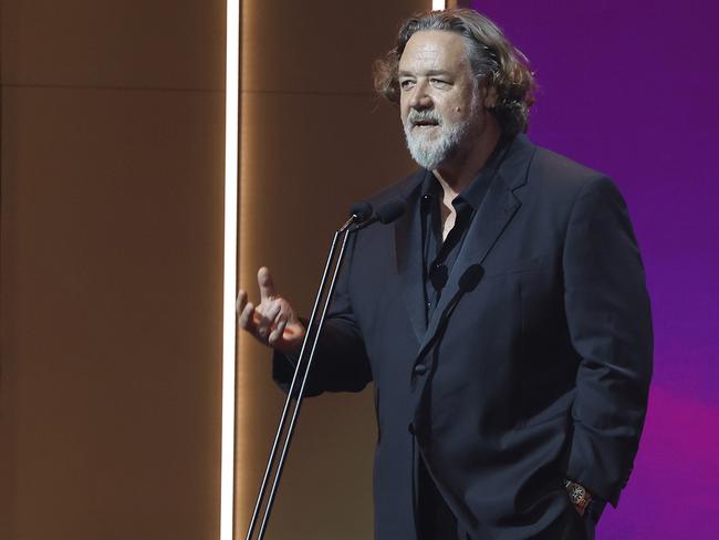 GOLD COAST, AUSTRALIA - FEBRUARY 07: Host Russell Crowe speaks during the 2025 AACTA Awards Presented By Foxtel Group at HOTA (Home of the Arts) on February 07, 2025 in Gold Coast, Australia. (Photo by Mackenzie Sweetnam/Getty Images)