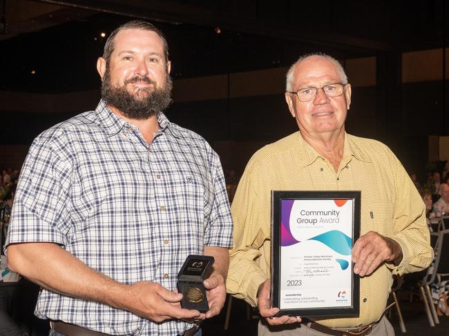 Matthew Johnson and Peter Robinson from Pioneer Valley Machinery Preservationists Society, Community Group Award at the 2023 Australia Day Awards at the Mackay Entertainment and Convention Centre (MECC). Picture: Michaela Harlow