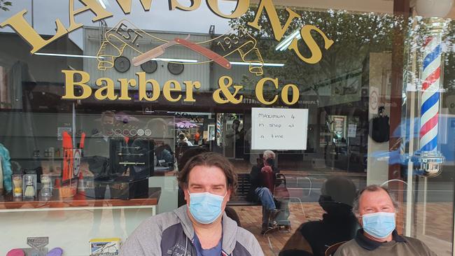 Ben Coveney and Niall Carroll waiting at Lawsons Barber and Co in Mornington.