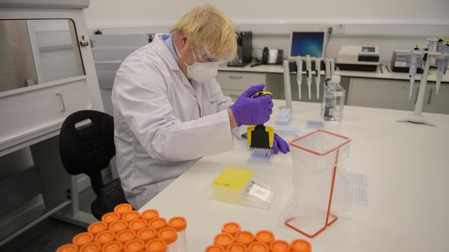 British Prime Minister Boris Johnson at French biotechnology laboratory Valneva in Livingston, Scotland, on Friday. Picture: AFP