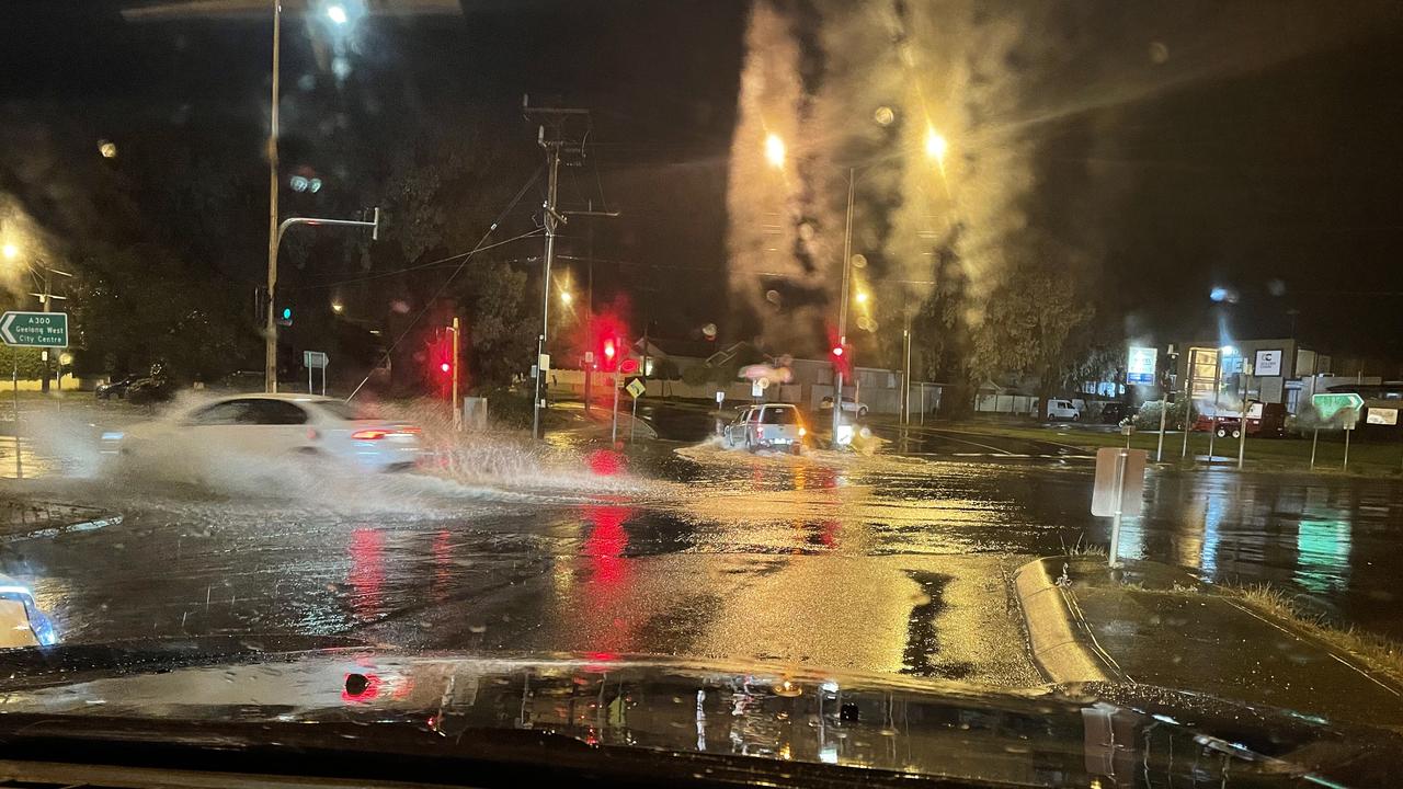 Rain along corner of Shannon Ave and Thompson Rd, North Geelong about 10pm on Friday. Picture: Wayne Buttner