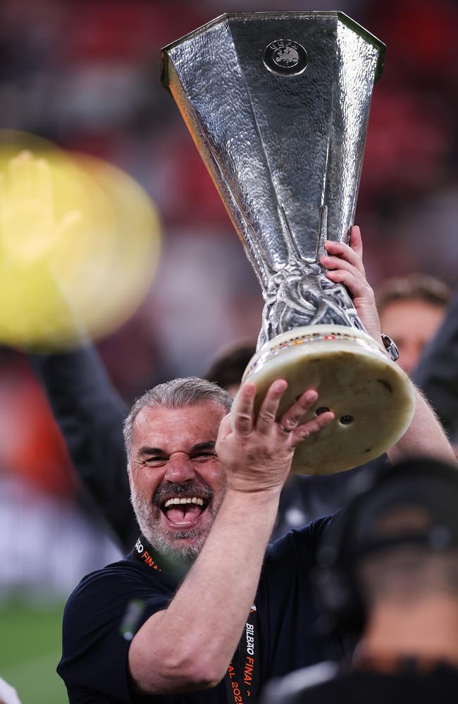 Ange Postecoglou, Manager of Tottenham Hotspur, celebrates with the UEFA Europa League trophy after his team's victory the UEFA Europa League Final 2025 between Tottenham Hotspur and Manchester United. Picture: Getty