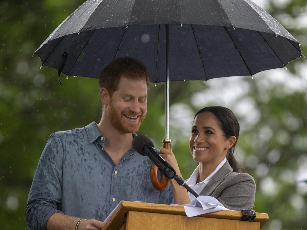 Prince Harry, Duke of Sussex and Meghan, Duchess of Sussex address the public during a Community Event at Victoria Park in Dubbo, Australia. Picture: Getty