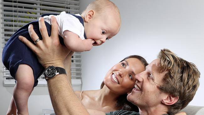 Sloane with wife Belinda and child Sonny ahead of his 200th game in 2020. Picture SARAH REED