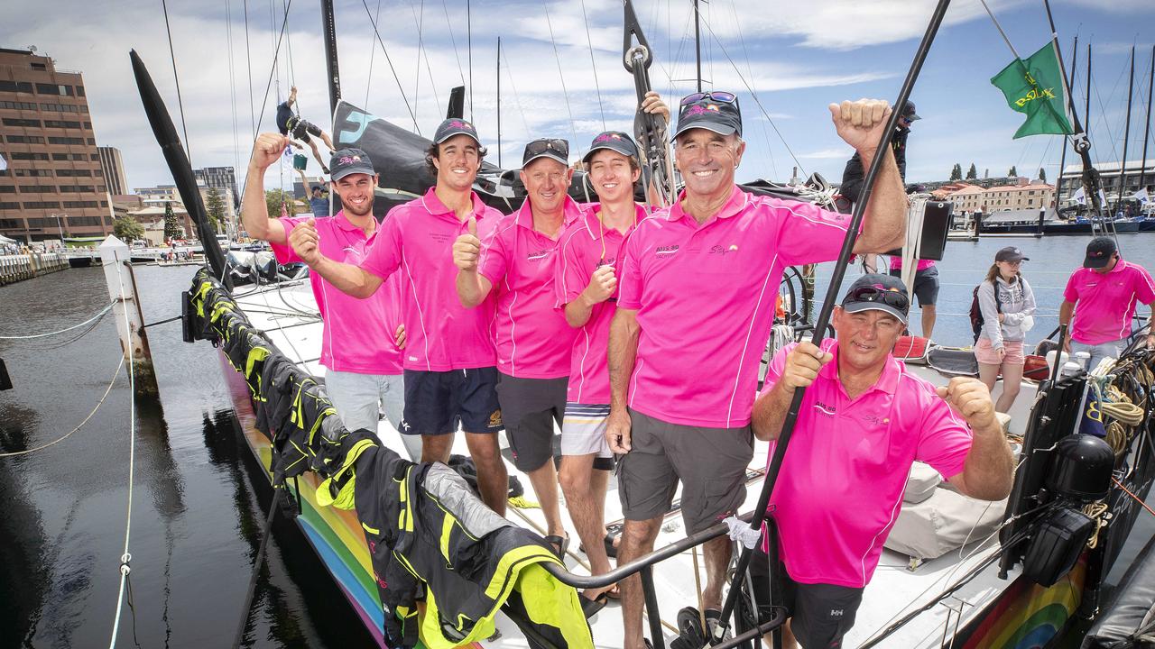 Stefan Racing crew (L-R) Ollie Wharington, Jarrod Sallis, Paul Heyes, Zac Heyes, Grant Wharington (skipper), and Doug Sallis in Hobart Picture: Chris Kidd