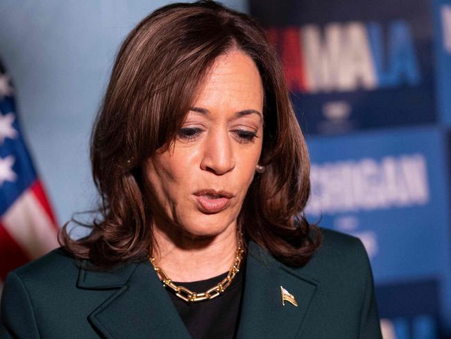 ROYAL OAK, MICHIGAN - OCTOBER 21: Democratic presidential nominee, Vice President Kamala Harris, answers questions from the press before a town hall with former U.S. Rep. Liz Cheney (R-WY) at the Royal Oak Music Theatre on October 21, 2024 in Royal Oak, Michigan. Cheney joined Vice President Harris for stops Monday in Pennsylvania, Michigan and Wisconsin.   Sarah Rice/Getty Images/AFP (Photo by Sarah Rice / GETTY IMAGES NORTH AMERICA / Getty Images via AFP)