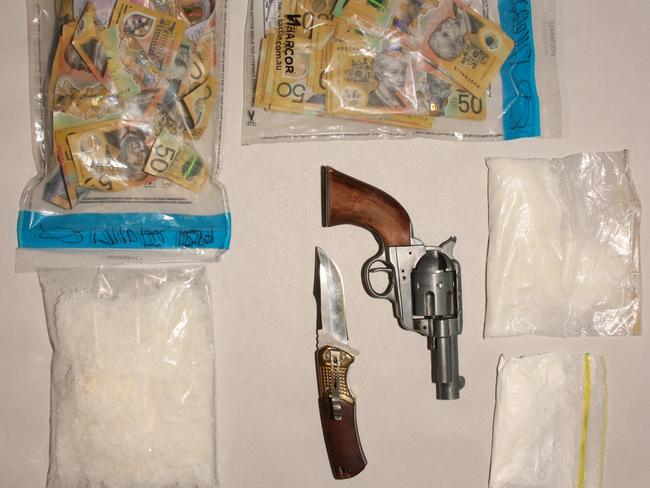 When police searched Lauchlan Joseph McGregor on the night of October 16 during a roadside disturbance call they found 32g of cocaine and 126g of meth on his person and a package containing 200g of meth in the vehicle. The police also found $25,000 in cash and a handgun and knife. Picture: Contributed.