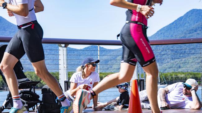 Spectators in prime position to watch the Cairns Ironman on the waterfront. Picture: Brian Cassey