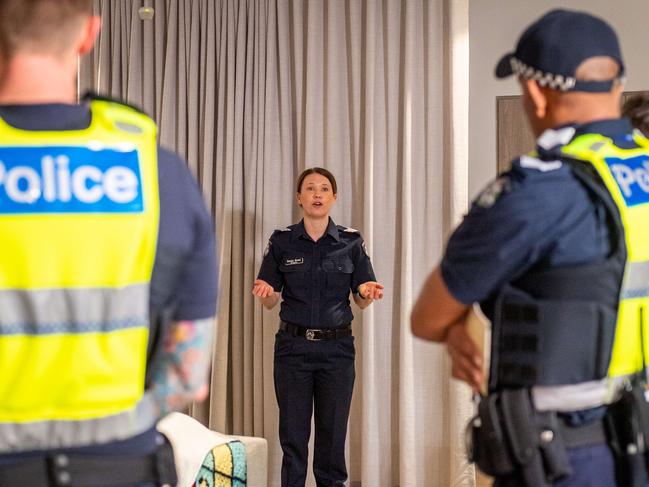Police officers undergo new mental health training at the Police Academy in Glen Waverley. Sergeant Renee Grant talks to officers during the training session. Picture: Jake Nowakowski