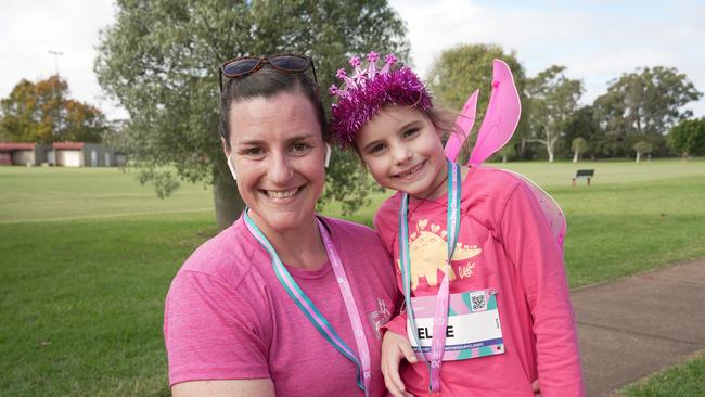 Mother-and-daughter duo Naomi and Ellie Briton at the Mother's Day Classic Toowoomba fun run at Middle Ridge Park, which raised money for breast and ovarian cancer research.