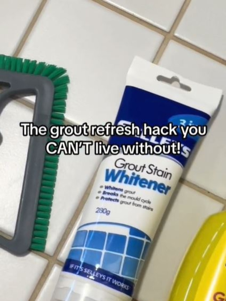 A grout cleaning brush, along with grout stain whitener, can help clean up a bathroom and make it look tidier. Picture: jessicahoskin1, TikTok