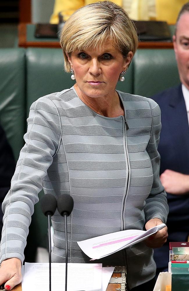 Minister for Foreign Affairs Julie Bishop in Question Time in the House of Representatives Chamber, Parliament House in Canberra. Picture: Kym Smith