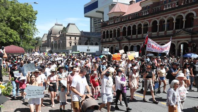 The Freedom Rally in the Brisbane CBD on Saturday. Picture: Annette Dew