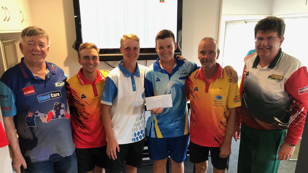 2020 Australia Day Carnival winners (from left) Jacob Nelson, Kane Nelson, Jake Rynne and Greg Nelson with North Toowoomba Bowls Club chairman Rod Banks (left) and club president Cameron King.