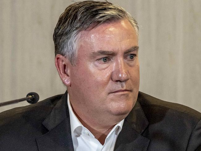 Mark Anderson, Eddie McGuire, Jodie Sizer and Peter Murphy from the Collingwood Football Club hold a press conference to discuss the release of the club's CGC Better Report. Eddie McGuire speaks during the press conference. Picture: Jake Nowakowski