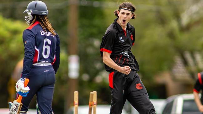 Cam McClure celebrates a wicket in his Premier Cricket debut for Essendon. Picture: Arj Giese