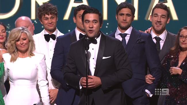 Home and Away won the gong for the Most Popular Drama with James Stewart, centre, speaking on behalf of the cast. Picture: Nine