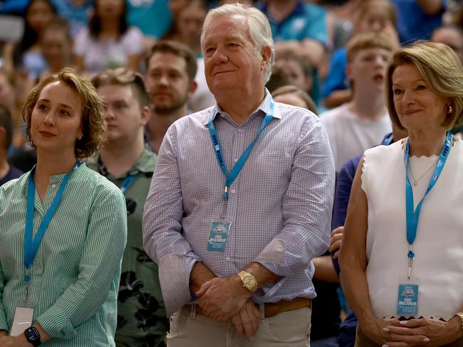 Multi-millionaires Gerry Ryan C) and Robyn Denholm have joined powerhouse NBL owner Larry Kestelman in expressing interest in taking ownership of the WNBL. Picture: Kelly Defina/Getty Images