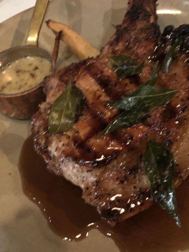 Pork cutlet, roasted parsnips, curry leaves at Coal Cellar and Grill, Hilton Adelaide.