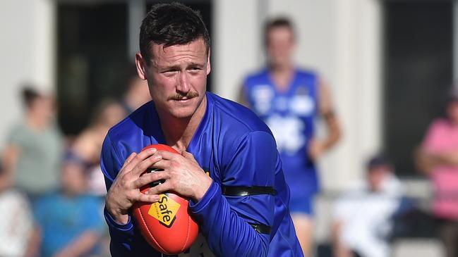 Taylor Stratton of Hastings in action during the MPNFL Div 2 match in Hastings, Melbourne, Saturday, April 20, 2019. MPNFL Div 2 v Devon Meadows V Hastings. (AAP Image/James Ross) NO ARCHIVING