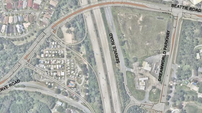 This is a concept plan for the Southern Interchange which will be part of the Beattie Road overpass including a southbound on-ramp and northbound off-ramp, featured in Pacific Motorway upgrade plans.