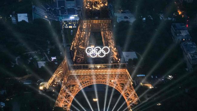 The Eiffel Tower is illuminated during the opening ceremony of the Paris 2024 Olympic Games. Picture: AFP