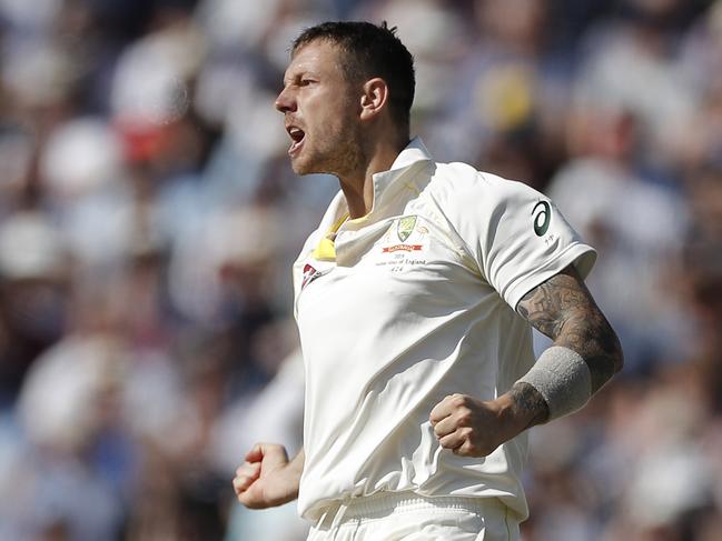 BIRMINGHAM, ENGLAND - AUGUST 02: James Pattinson of Australia celebrates after taking the wicket of Joe Denly of England during day two of the 1st Specsavers Ashes Test between England and Australia at Edgbaston at Edgbaston on August 02, 2019 in Birmingham, England. (Photo by Ryan Pierse/Getty Images)