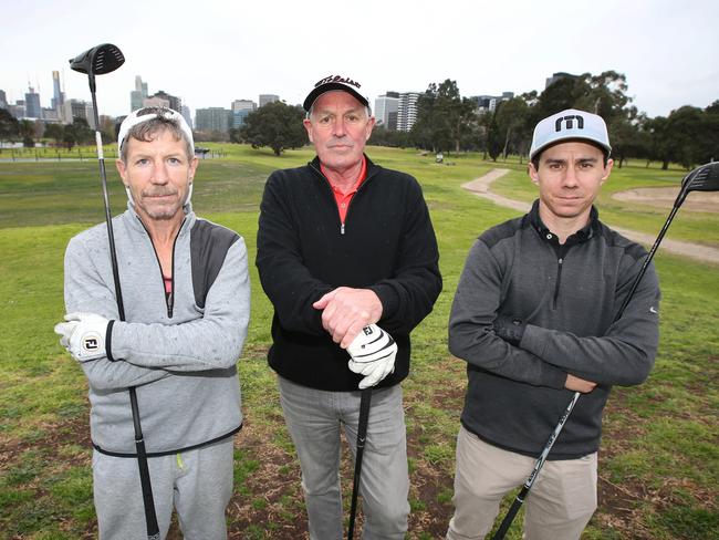 Albert Park golfers Ashley Sievwright, Barry Riordan and Jay Ting are worried the government will cut their course in half. Picture: David Caird