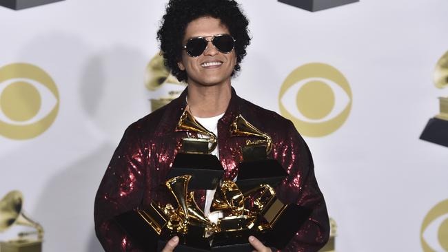 Bruno Mars swept the pool, including both Album of the Year and Record of the Year awards. Picture: AP