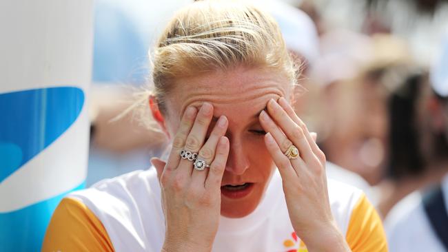 Sally Pearson during the Commonwealth Games baton relay yesterday. Photo: Nigel Hallett