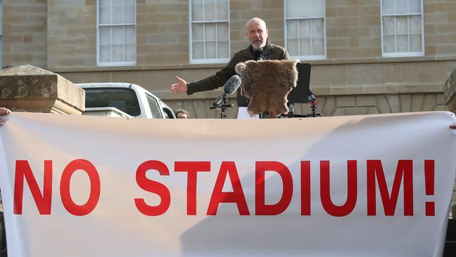 Richard Flanagan MC of the event. Stop the Stadium rally on parliament lawns Hobart. Picture: Nikki Davis-Jones