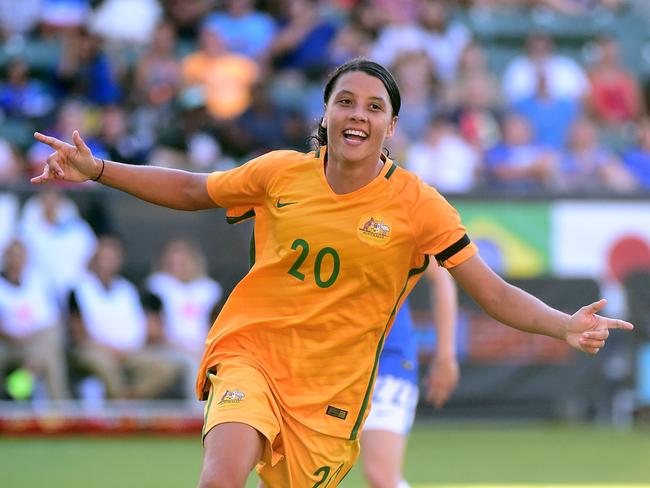 Sam Kerr celebrating her goal in the Matildas win over Brazil at the Tournament Of Nations last year.