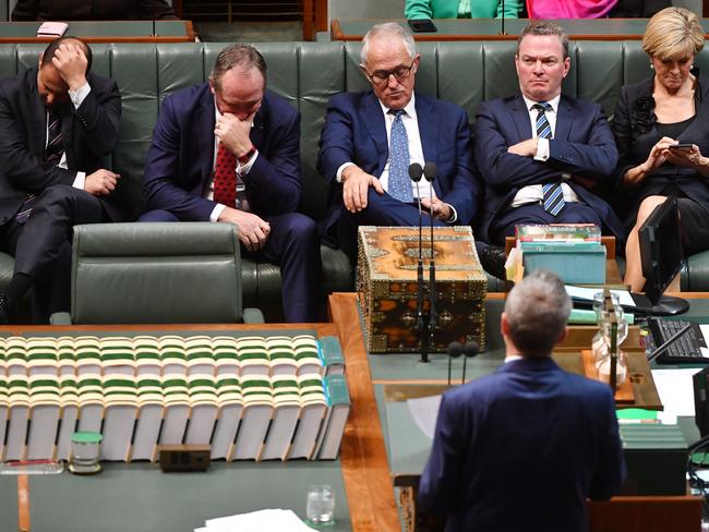 Not impressed: The Prime Minister and other ministers looked bored during Mr Shorten’s speech. Picture: Mick Tsikas/AAP.