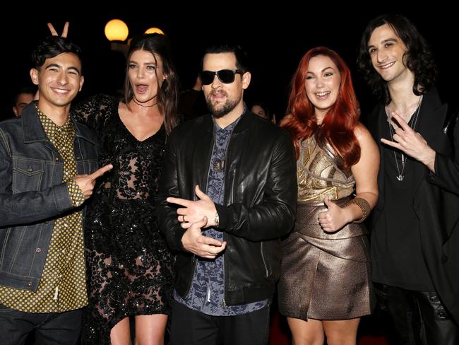 Contestants Isaac McGovern, Holly Tapp, coach Joel Madden and contestants Taila Gouge and Bankstown’s Frank Lakoudis at an after show party. Picture: Luke Fuda.